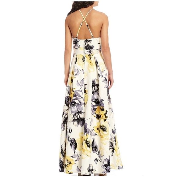 NWT Xtraordinary Formal Dress Sz 5 White Yellow Gray Floral High Neck Maxi Tiers - Picture 2 of 10